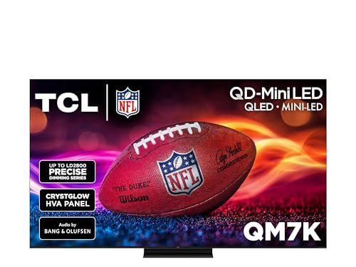 A TCL QM7K sitting in white space with a football on the screen in a weird fire.