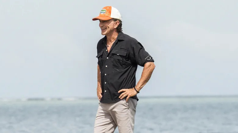Jeff Probst greets the contestants of Survivor 49