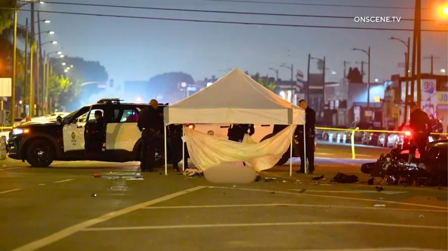 Law enforcement, bystanders and loved ones surround the aftermath of a fatal hit-and-run in South Los Angeles. October 2025. (OnScene Media)