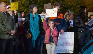 Hundreds of community members, parents, and elected officials attend a rally at Northcenter Town Square, in support of "Ms. Diana" an educator who was detained by federal law enforcement officers at Rayito de Sol Spanish Immersion Early Learning Center this morning, Wednesday, Nov. 5, 2025, in Chicago.