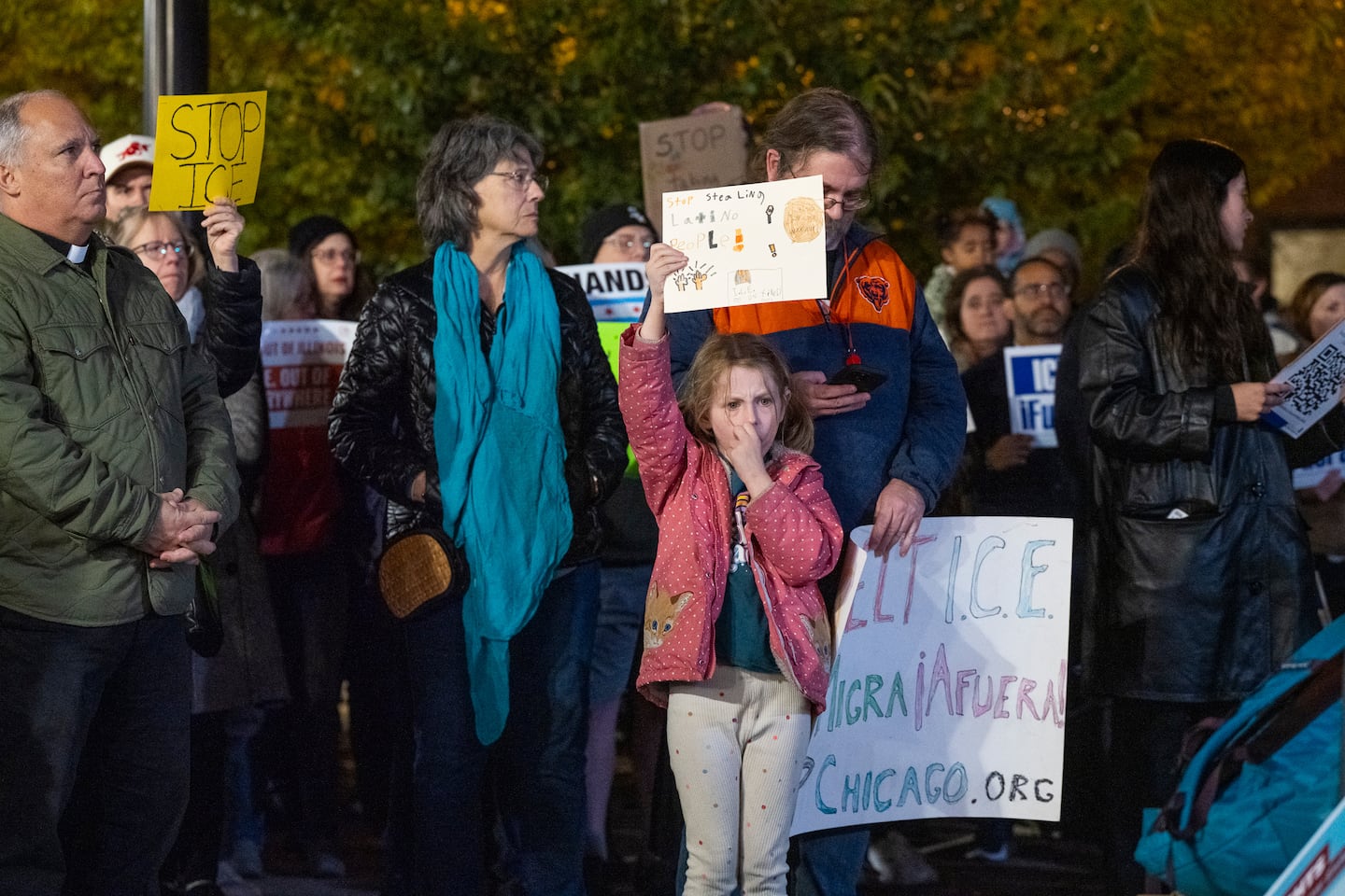 Hundreds of community members, parents, and elected officials attend a rally at Northcenter Town Square, in support of "Ms. Diana" an educator who was detained by federal law enforcement officers at Rayito de Sol Spanish Immersion Early Learning Center this morning, Wednesday, Nov. 5, 2025, in Chicago.