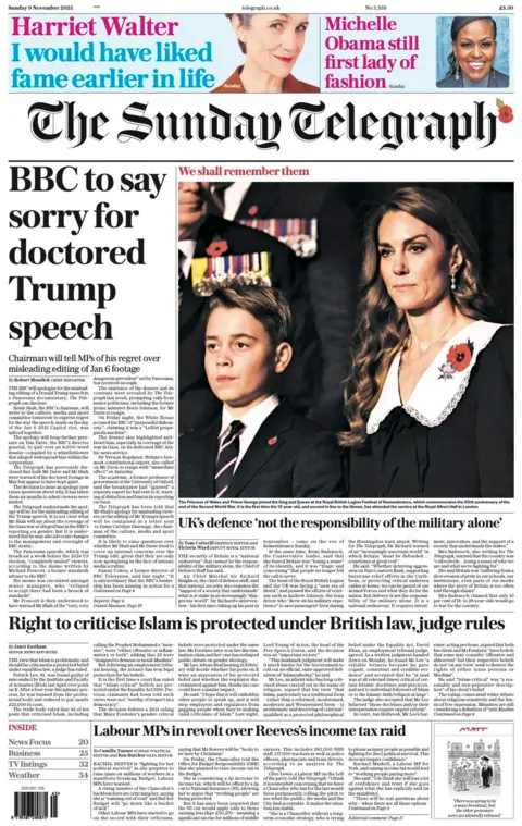 The headline on the front page of the Telegraph reads: “BBC to say sorry for doctored Trump speech”.