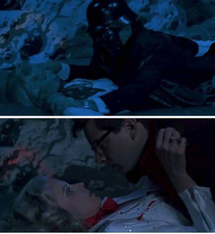 Two scenes from a movie showing dramatic moments: one with a masked figure and another with a man and woman in close-up