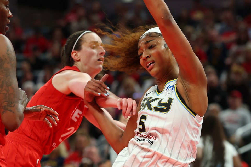 Caitlin Clark fouls Angel Reese during a game between the Chicago Sky and Indiana Fever