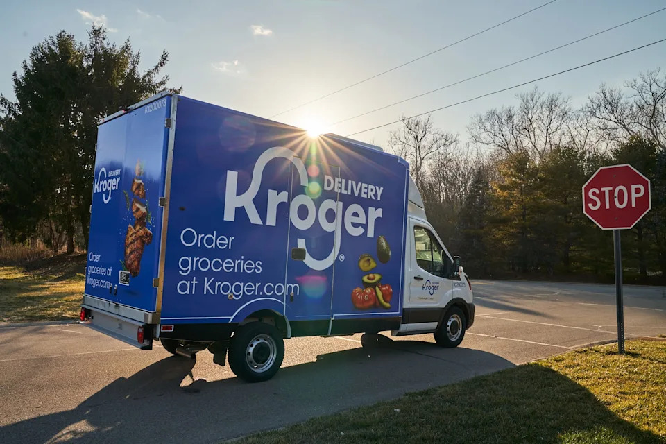 A Kroger delivery truck is pictured. The company announced on Tuesday it will end the service in February 2026.