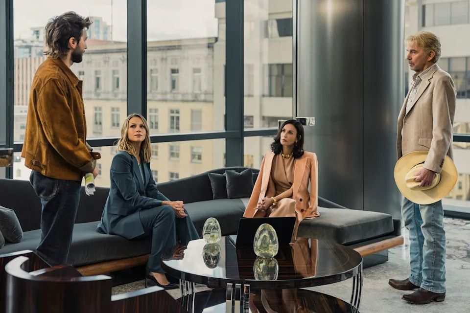 Emerson Miller/Paramount+ Guy Burnet as Charlie, Kayla Wallace as Rebecca, Demi Moore as Cami and Billy Bob Thornton as Tommy in 'Landman' season 2