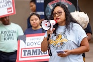 Janie Cisneros, leader of Singleton United/Unidos, speaks during a news conference to...