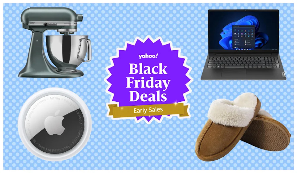 Apple AirTag, KitchenAid mixer, Lenovo Ideapad laptop, slippers on a blue background