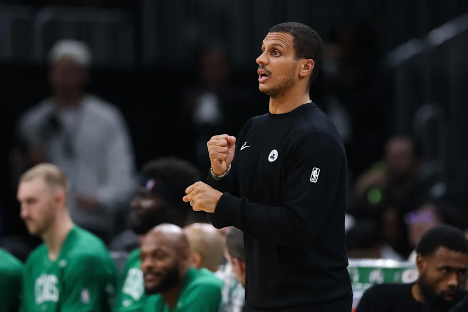 Nov 1, 2025; Boston, Massachusetts, USA; Boston Celtics head coach Joe Mazzulla reacts during the first half against the Houston Rockets at TD Garden. Mandatory Credit: Paul Rutherford-Imagn Images