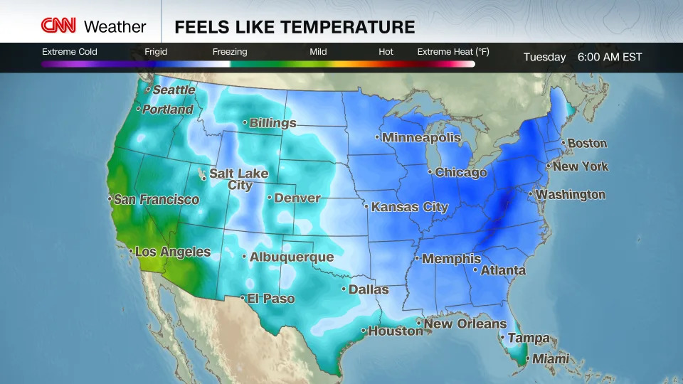 Tuesday morning will be quite cold for millions with feels like temperatures below freezing for much of the US. - CNN Weather