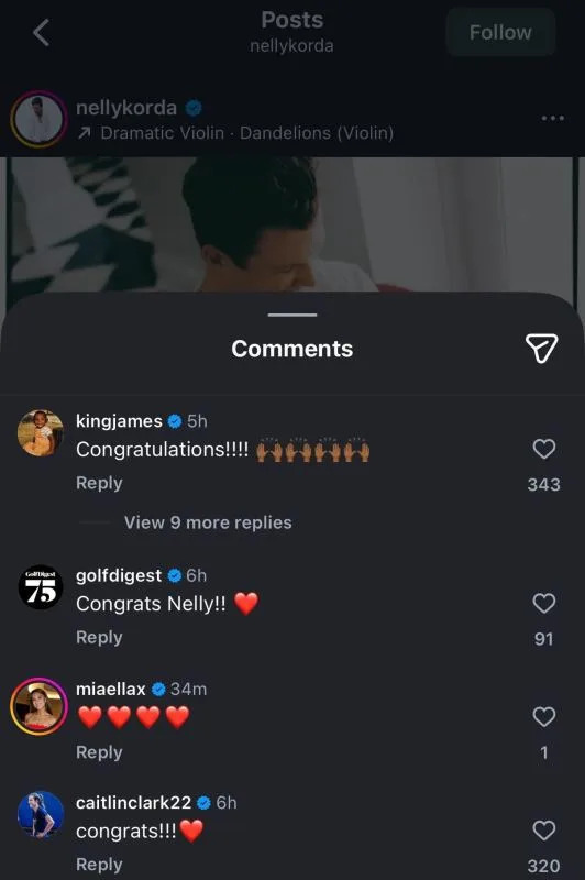 Caitlin Clark reacts to Nelly Korda's announcement.Instagram &sol; nellykorda