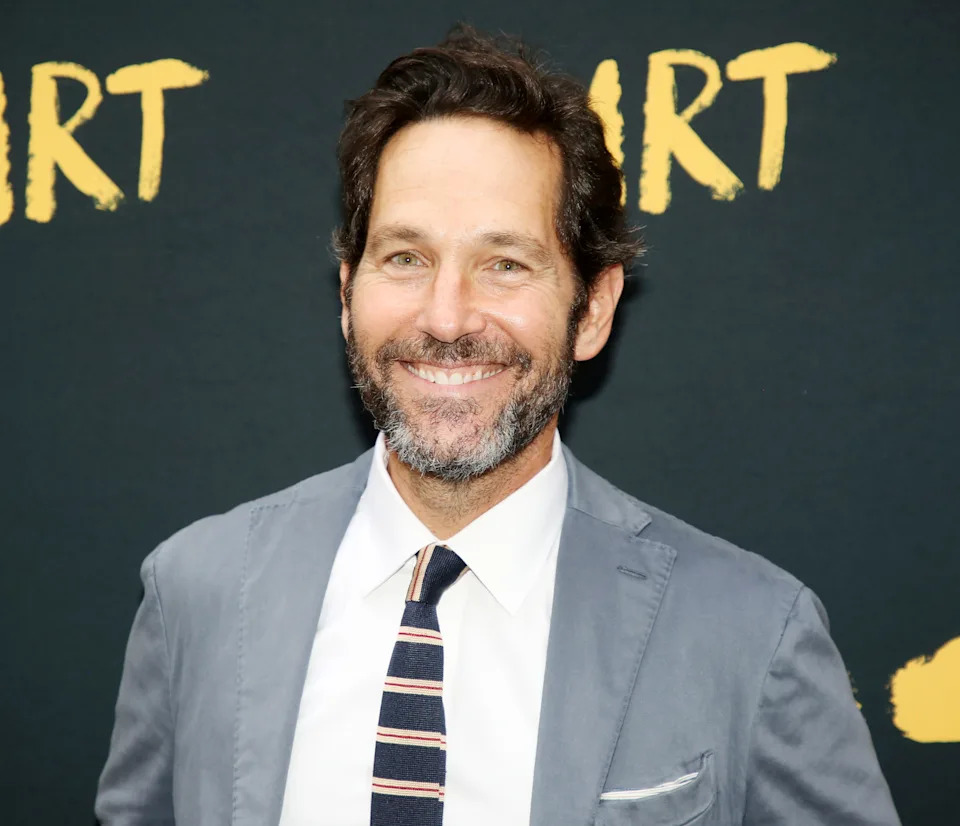 Paul Rudd in a suit and tie stands against a backdrop with the word "ART" visible