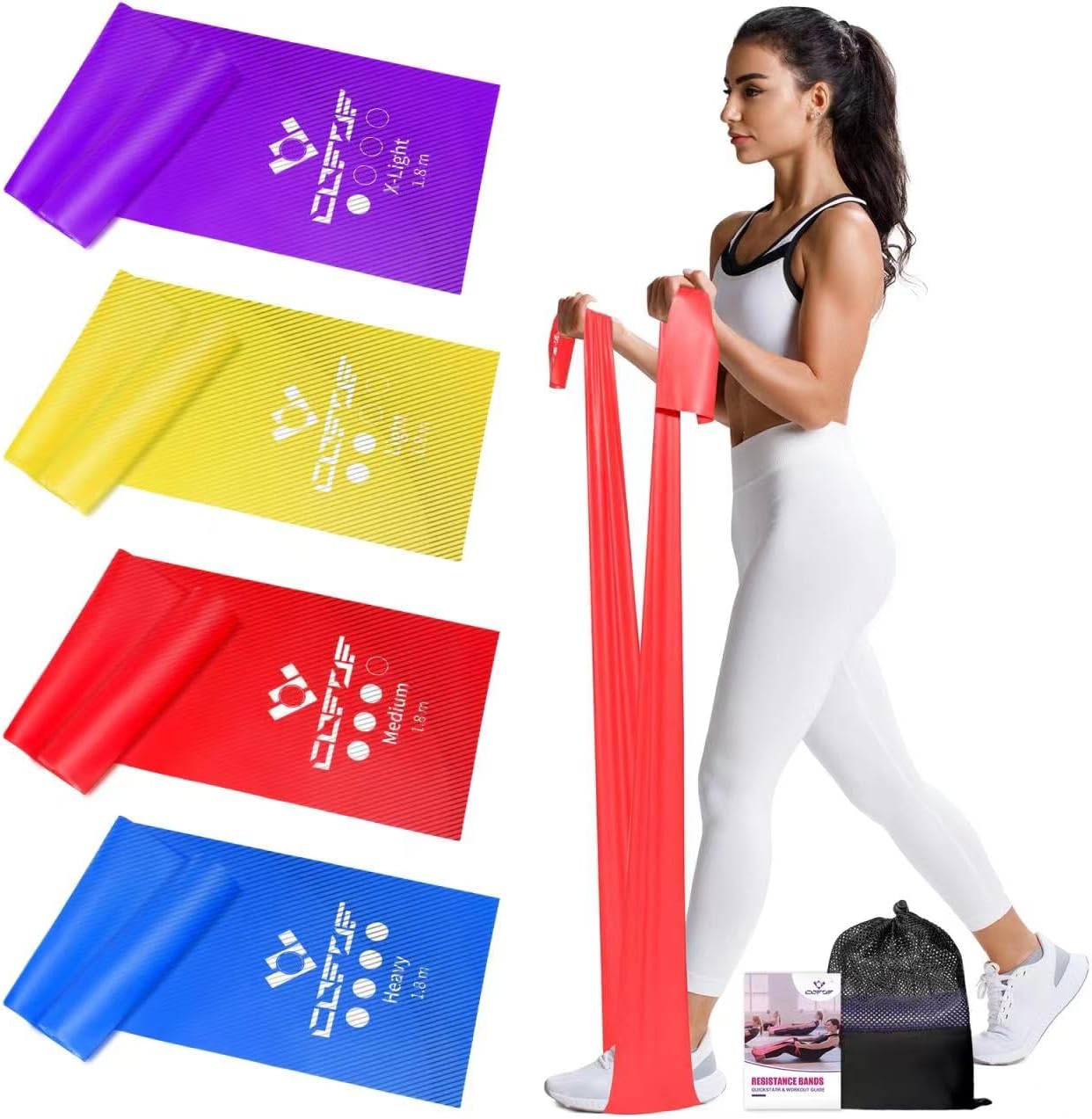 Cofof Resistance Bands, Exercise Band With 4 Resistance Levels,1.8m/5.9ft Long Stretch Bands With Carry Bag &amp; Exercise Guide, Straps for Yoga, Pilates,strength Training