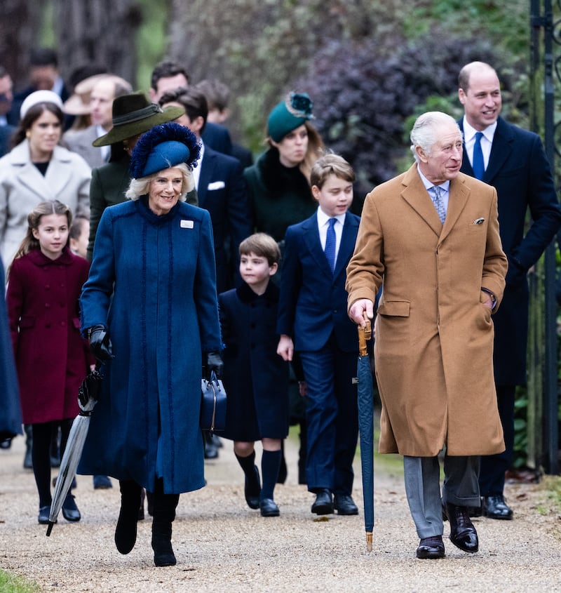 Princess Charlotte, Catherine, Princess of Wales, Camilla, Queen Consort, Prince Louis, Prince George, King Charles III and Prince William, Prince of Wales attend the Christmas Day service at Sandringham Church on December 25, 2022 in Sandringham, Norfolk. King Charles III ascended to the throne on September 8, 2022, with his coronation set for May 6, 2023. (Photo by Samir Hussein/WireImage)