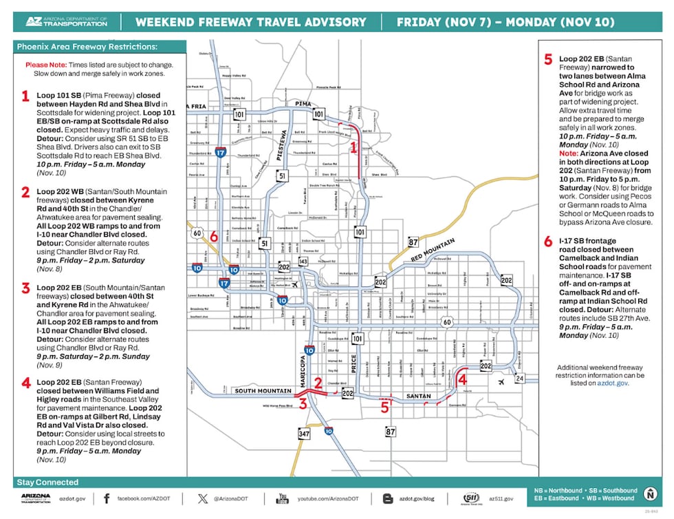 Closures or lane restrictions for freeway improvement projects are scheduled in the Phoenix...