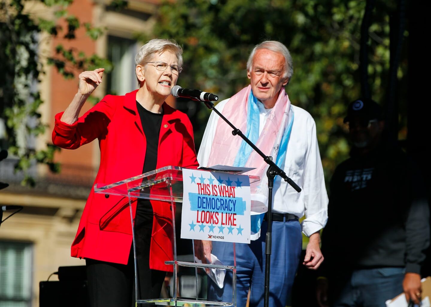 Senators Elizabeth Warren (left) and Edward J.  Markey spoke to a crowd of protestors during the No Kings rally on Boston Common on Oct. 18.