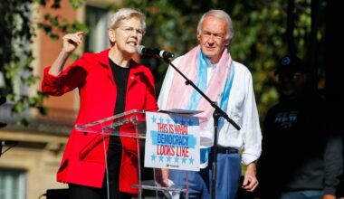 Senators Elizabeth Warren (left) and Edward J.  Markey spoke to a crowd of protestors during the No Kings rally on Boston Common on Oct. 18.