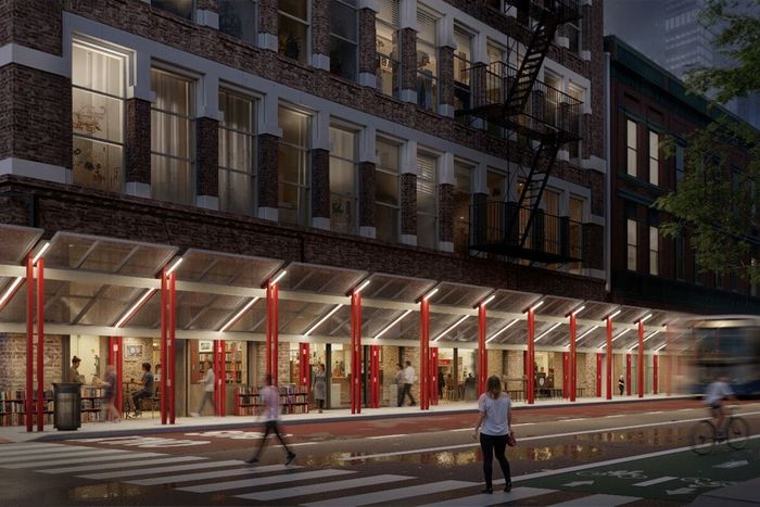 PAU’s “Speed Shed,” one of six designs approved by New York City in its sidewalk-shed glow-up program. This one uses netting instead of a hard roof, and is intended mostly for temporary façade work and emergencies.