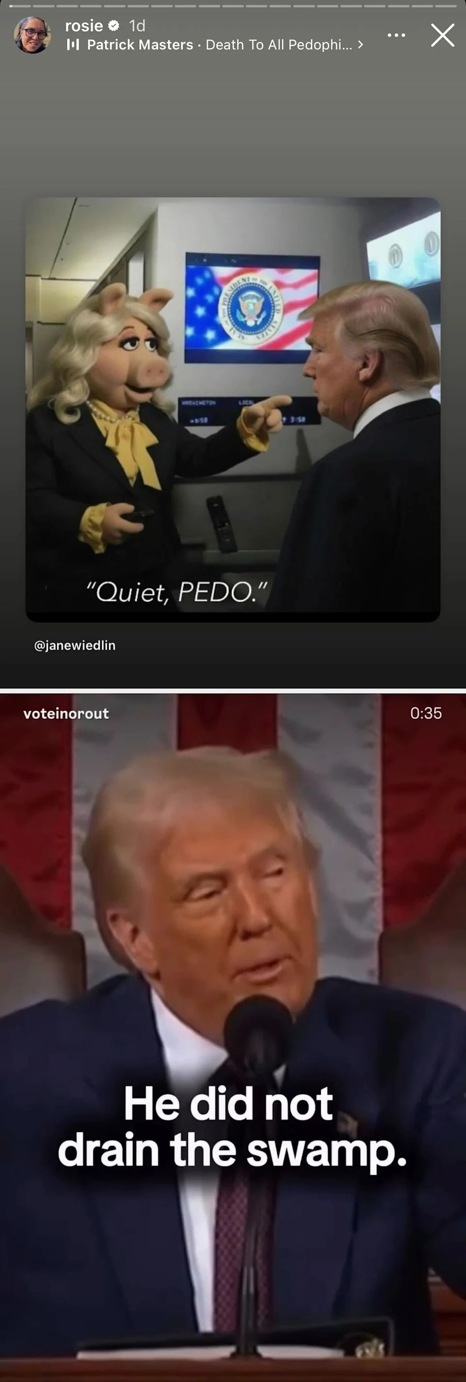 Miss Piggy pointing at a Donald Trump with caption: "Quiet, PEDO" and Donald Trump speaking at a podium