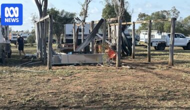 Wedding guests shelter under tables as storm tears roof from historic Camboon Campdraft Hall