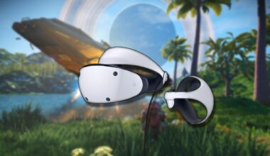 A PSVR 2 headset against a blurred background featuring a luscious alien planet