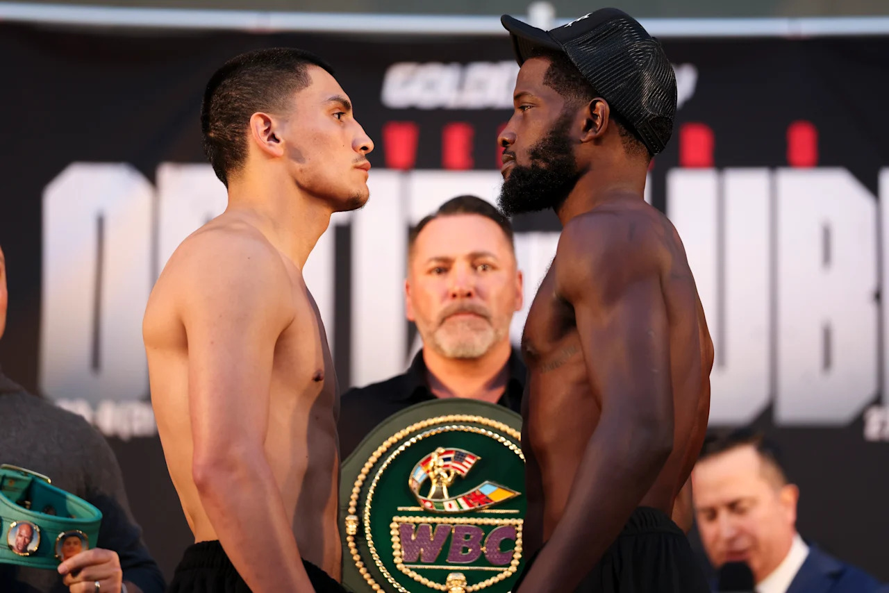 FORT WORTH, TEXAS - NOVEMBER 07: Vergil Ortiz Jr. and Erickson Lubin face of prior to their WBC intern fight at The Spotlight at Sundance Square on November 07, 2025 in Fort Worth, Texas. (Photo by Cris Esqueda/Golden Boy/Getty Images)