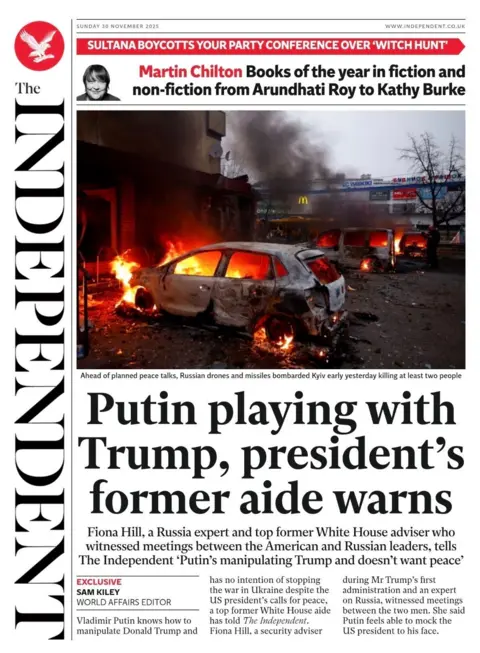 The headline on the front page of the Independent reads: "Putin playing with Trump, resident's former aide warns".