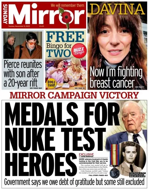 The headline on the front page of the Mirror reads: “Medals for nuke test heroes”.