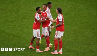 Arsenal's Jurrien Timber, Riccardo Calafiori and Gabriel