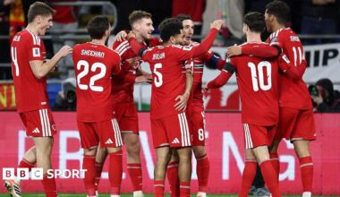 Wales players in red shirts celebrate a goal