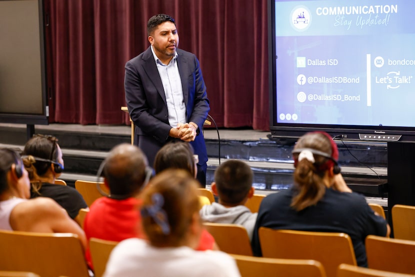 Dallas ISD trustee Joe Carreón speaks to community members during a bond proposal meeting at...