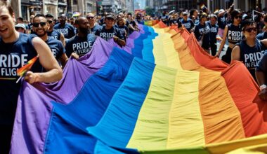 Revelers carry a LGBTQ flag along Fifth Avenue during the New York City Pride Parade on June 24, 2018. (AP Photo/Andres Kudacki)