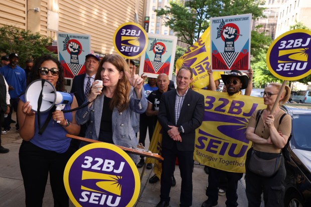 New York City Council Member Julie Menin delivers remarks as 32BJ SEIU and Power to the Patients rally outside of New York-Presbyterian Hospital for more affordable and honest healthcare, Wednesday, May 29, 2024 in New York. (Jason DeCrow/AP Images for Power to the Patients)