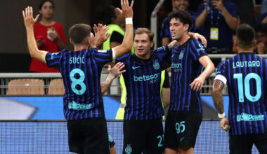 MILAN, ITALY - AUGUST 25: Alessandro Bastoni of Internazionale celebrates scoring his team