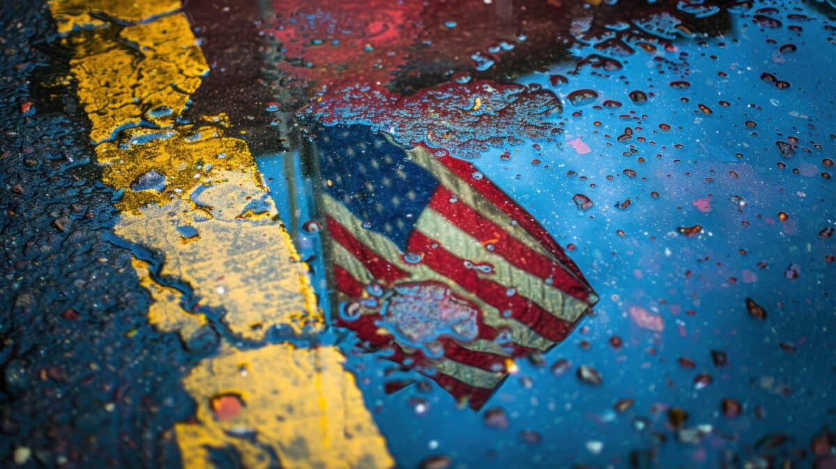 American Flag Reflected in a Puddle