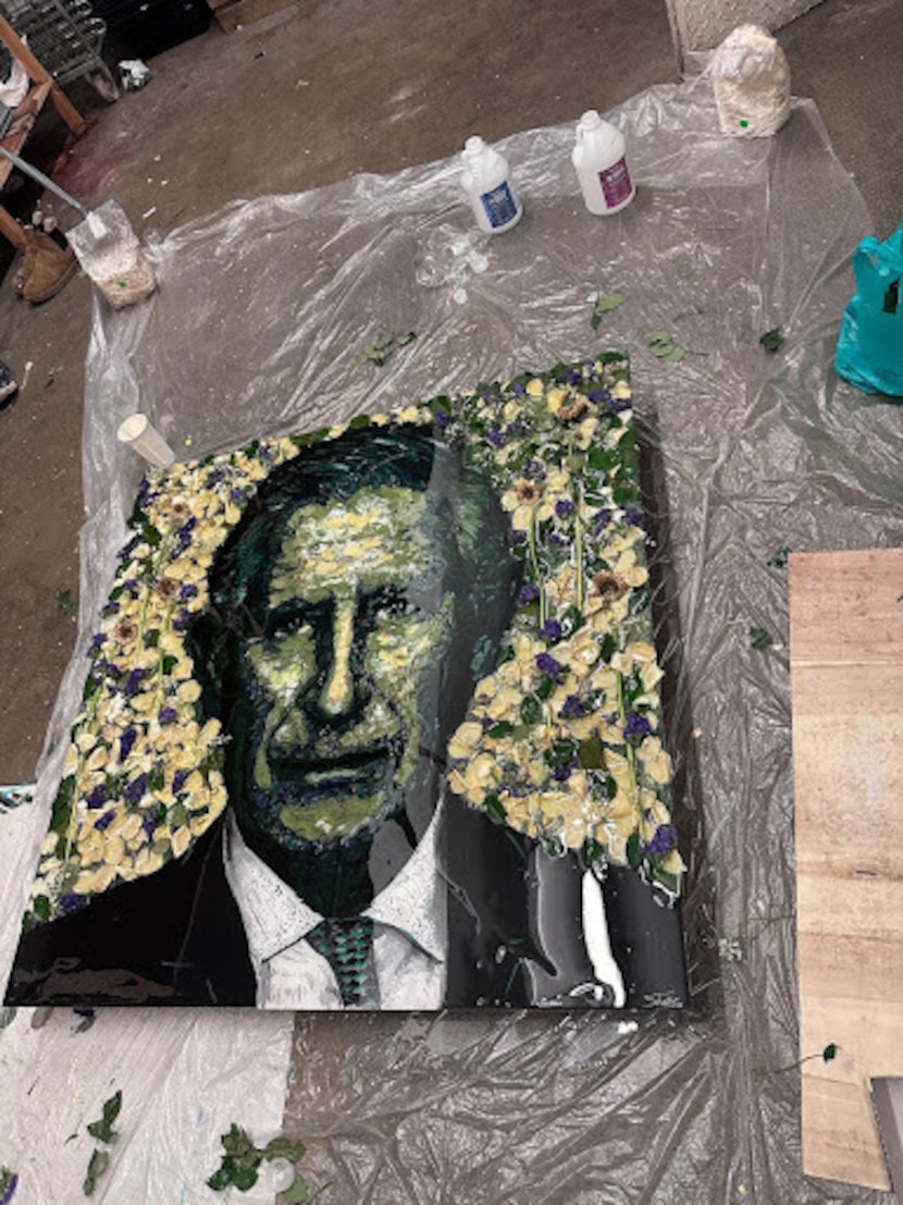 Epoxy resin glistens on a portrait of King Charles III by Dallas artist Michael Shellis.