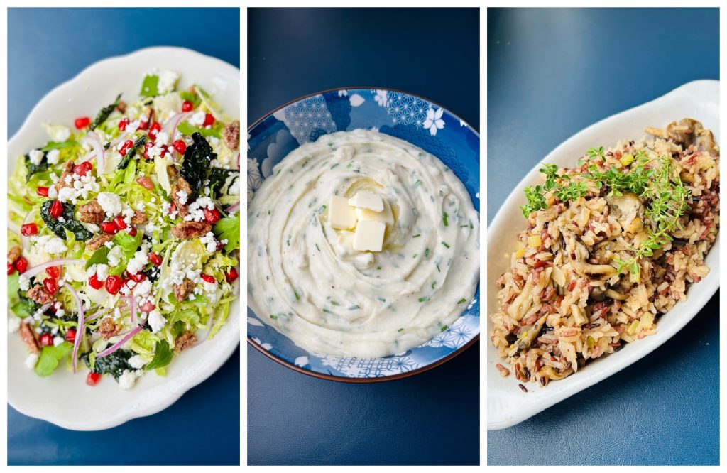 Noodlebird's Thanksgiving side dishes include (from left) Brussels sprout salad, mashed potatoes and maitake mushroom wild rice.