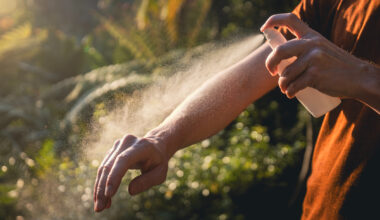 a person sprays bug spray on their arm