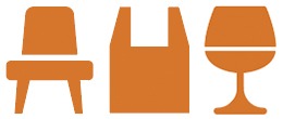 Orange chair, carryout bag, and wine glass icons