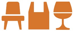 Orange chair, carryout bag, and wine glass icons