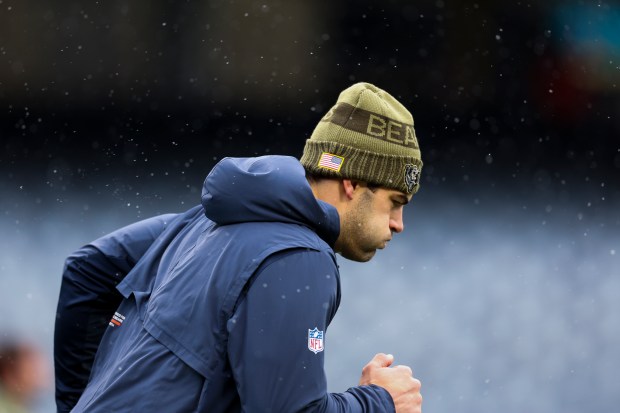 Bears tight end Cole Kmet warms up before the game against the Giants on Sunday, Nov. 9, 2025, at Soldier Field. (Eileen T. Meslar/Chicago Tribune)