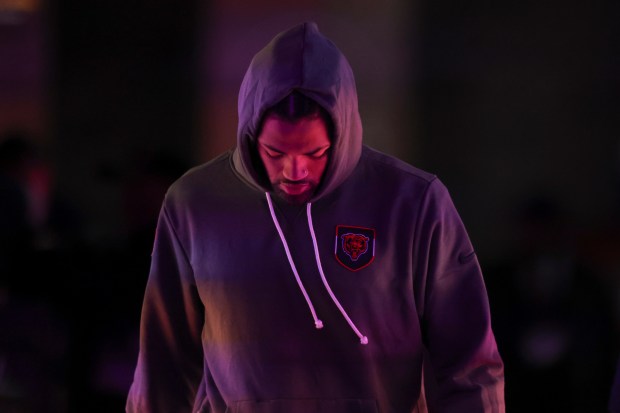 Bears wide receiver Rome Odunze walks onto the field before the game against the Giants on Sunday, Nov. 9, 2025, at Soldier Field. (Eileen T. Meslar/Chicago Tribune)