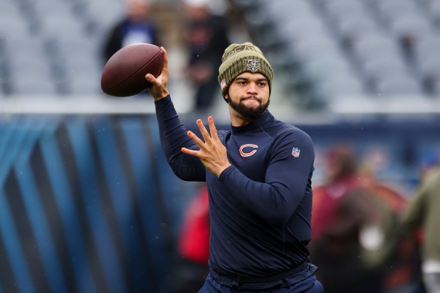 Bears quarterback Caleb Williams warms up before the game against the Giants on Sunday, Nov. 9, 2025, at Soldier Field. (Eileen T. Meslar/Chicago Tribune)