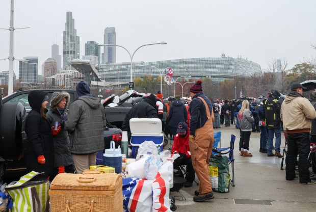 Fans tailgate before a Bears-Giants game Sunday, Nov. 9, 2025, at Soldier Field. (Dominic Di Palermo/Chicago Tribune)