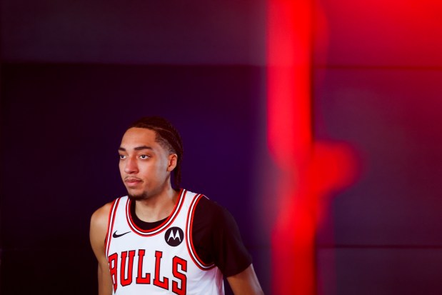 Chicago Bulls forward Noa Essengue walks to a photo station during Chicago Bulls media day at the United Center on Monday, Sept. 29, 2025. (Eileen T. Meslar/Chicago Tribune)