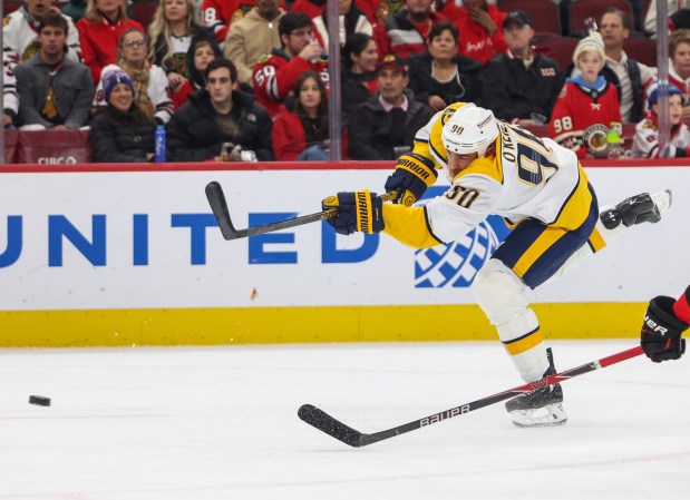 Nashville Predators center Ryan O'Reilly shoots on goal during the second period against the Blackhawks, Nov. 28, 2025, at the United Center. (Dominic Di Palermo/Chicago Tribune)