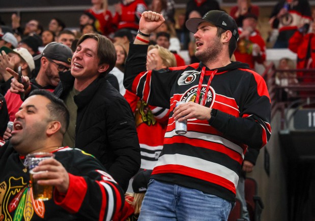 A fan cheers after Blackhawks center Ryan Greene's goal that tied the game 2-2 during the second period against the Nashville Predators, Nov. 28, 2025, at the United Center. (Dominic Di Palermo/Chicago Tribune)