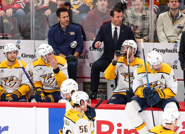 Nashville Predators Assistant Coach speaks to players during the third period against the Blackhawks, Nov. 28, 2025, at the United Center. (Dominic Di Palermo/Chicago Tribune)
