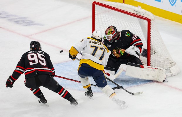 Blackhawks goaltender Arvid Soderblom (40) makes a save during the third period against the Nashville Predators, Nov. 28, 2025, at the United Center. (Dominic Di Palermo/Chicago Tribune)