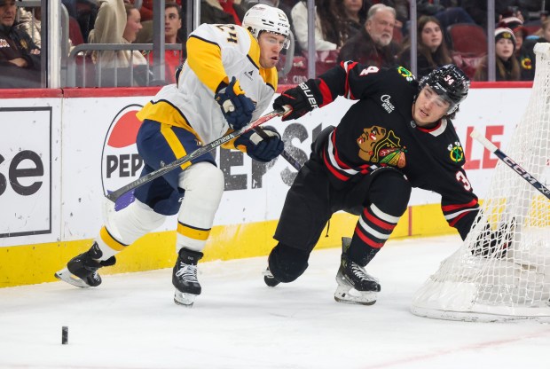 Blackhawks center Colton Dach and Nashville Predators defenseman Spencer Stastney race for the puck during the first period, Nov. 28, 2025, at the United Center. (Dominic Di Palermo/Chicago Tribune)